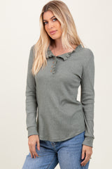 Olive Ruffle Collar Micro Waffle Knit Henley Top