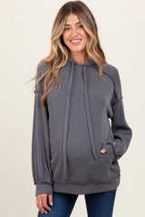 Charcoal Ribbed Front Pocket Maternity Drawstring Hoodie