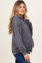 Charcoal Ribbed Front Pocket Maternity Drawstring Hoodie