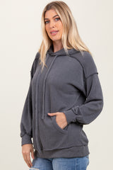 Charcoal Ribbed Front Pocket Drawstring Hoodie