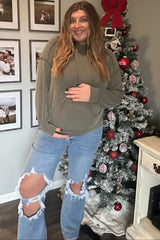 Olive Ribbed Front Pocket Maternity Drawstring Hoodie