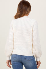 Cream Cable Knit Mock Neck Bubble Sleeve Sweater