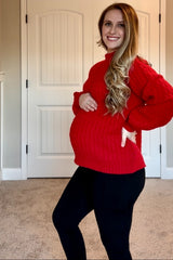 Red Cable Knit Mock Neck Bubble Sleeve Maternity Sweater