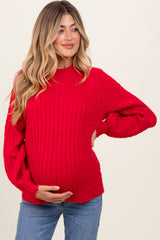 Red Cable Knit Mock Neck Bubble Sleeve Maternity Sweater