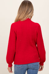 Red Cable Knit Mock Neck Bubble Sleeve Maternity Sweater