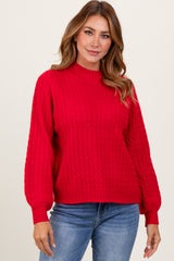 Red Cable Knit Mock Neck Bubble Sleeve Sweater