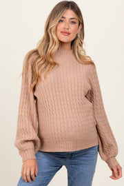 Mocha Cable Knit Mock Neck Bubble Sleeve Maternity Sweater