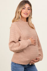 Mocha Cable Knit Mock Neck Bubble Sleeve Maternity Sweater