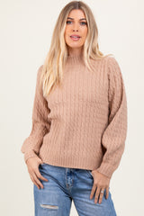 Mocha Cable Knit Mock Neck Bubble Sleeve Sweater