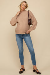 Mocha Cable Knit Mock Neck Bubble Sleeve Maternity Sweater