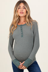 Forest Green Striped Snap Button Henley Maternity Top