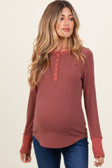 Rust Striped Snap Button Henley Maternity Top