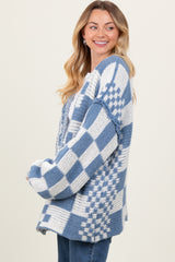 Blue Mixed Check Pattern Chunky Cardigan