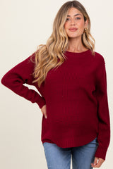 Burgundy Waffle Knit Rounded Hem Maternity Sweater