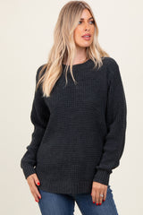 Charcoal Waffle Knit Rounded Hem Sweater