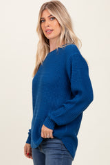 Dark Blue Waffle Knit Rounded Hem Sweater