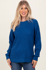 Dark Blue Waffle Knit Rounded Hem Sweater