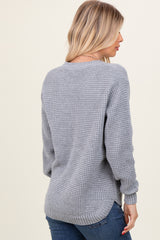 Heather Grey Waffle Knit Rounded Hem Sweater