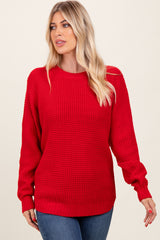 Red Waffle Knit Rounded Hem Sweater