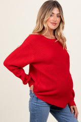 Red Waffle Knit Rounded Hem Maternity Sweater