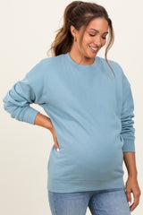 Light Blue Fleece Crew Neck Relaxed Fit Maternity Sweatshirt