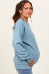 Light Blue Fleece Crew Neck Relaxed Fit Maternity Sweatshirt