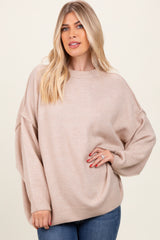 Beige Oversized Crewneck Melange Knit Maternity Sweater