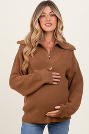 Camel Half Zip Chunky Knit Maternity Pullover Sweater