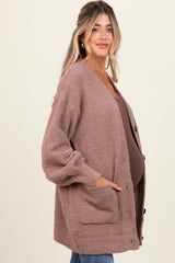 Taupe Fuzzy Knit Oversized Button Up Maternity Cardigan