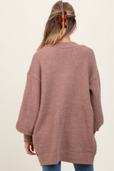 Taupe Fuzzy Knit Oversized Button Up Maternity Cardigan