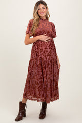 Mauve Floral Velvet Print Smocked Maternity Midi Dress