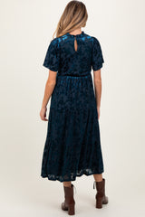 Navy Floral Velvet Print Smocked Maternity Midi Dress