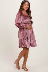 Mauve Velvet Smocked Long Sleeve Maternity Dress