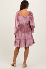 Mauve Velvet Smocked Long Sleeve Maternity Dress