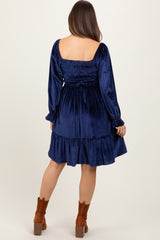 Navy Velvet Smocked Long Sleeve Maternity Dress