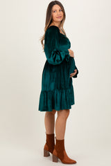 Forest Green Velvet Smocked Long Sleeve Maternity Dress