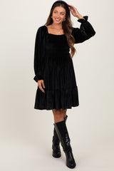 Black Velvet Smocked Long Sleeve Maternity Dress