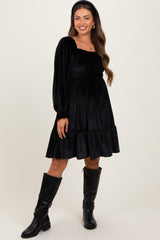 Black Velvet Smocked Long Sleeve Maternity Dress