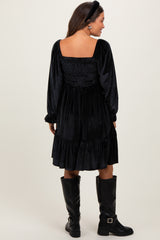 Black Velvet Smocked Long Sleeve Maternity Dress