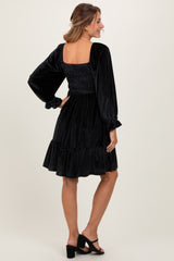 Black Velvet Smocked Long Sleeve Dress