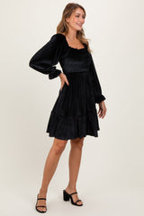 Black Velvet Smocked Long Sleeve Dress