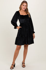 Black Velvet Smocked Long Sleeve Dress