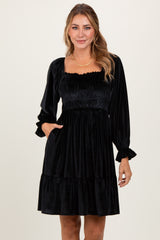 Black Velvet Smocked Long Sleeve Dress