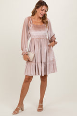 Light Taupe Velvet Smocked Long Sleeve Maternity Dress