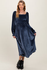 Navy Velvet Smocked Long Sleeve Maternity Maxi Dress