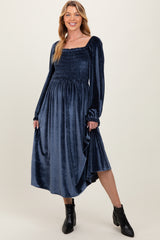 Navy Velvet Smocked Long Sleeve Maternity Maxi Dress