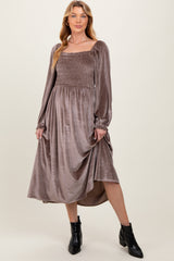 Taupe Velvet Smocked Long Sleeve Maternity Maxi Dress