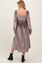 Taupe Velvet Smocked Long Sleeve Maternity Maxi Dress