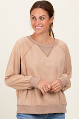 Beige French Terry Contrast Rib Long Sleeve Pullover