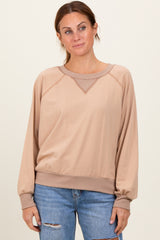 Beige French Terry Contrast Rib Maternity Long Sleeve Pullover